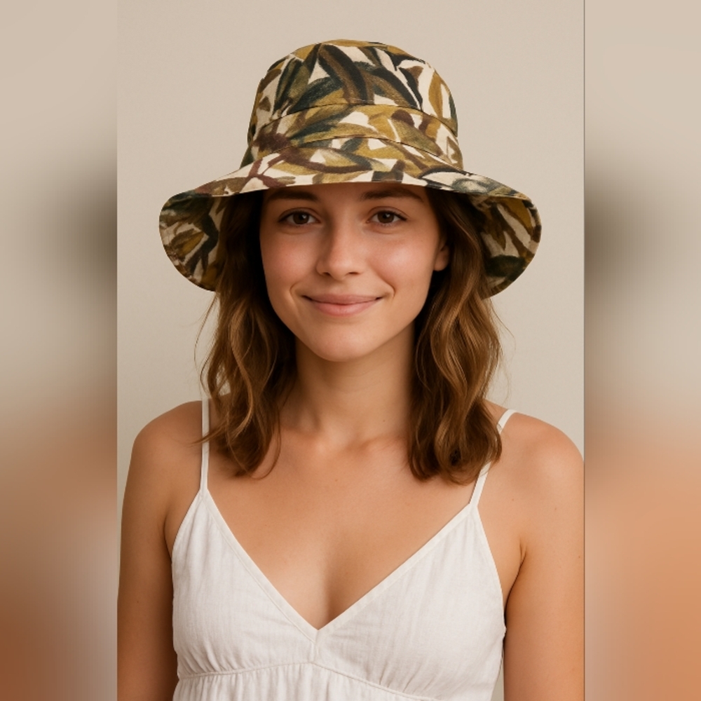 NWOTLinen Blend Leaf Patterned Bucket Hat